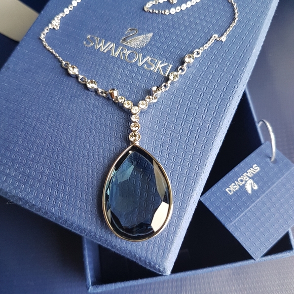 AUTHENTIC Swarovski Montana Blue Meringue Large Teardrop Necklace NIB - Picture 3 of 16